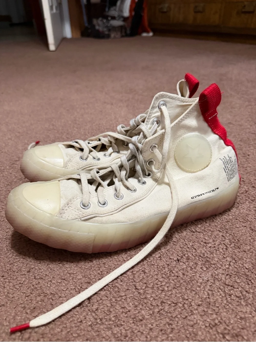 Converse High-Top Platform Sneakers in Cream with Red Heel Tab